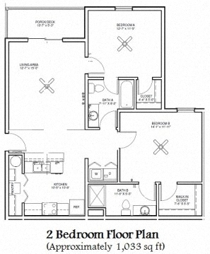 Floor plan for 2 beds, 2 baths, 1030 sqft